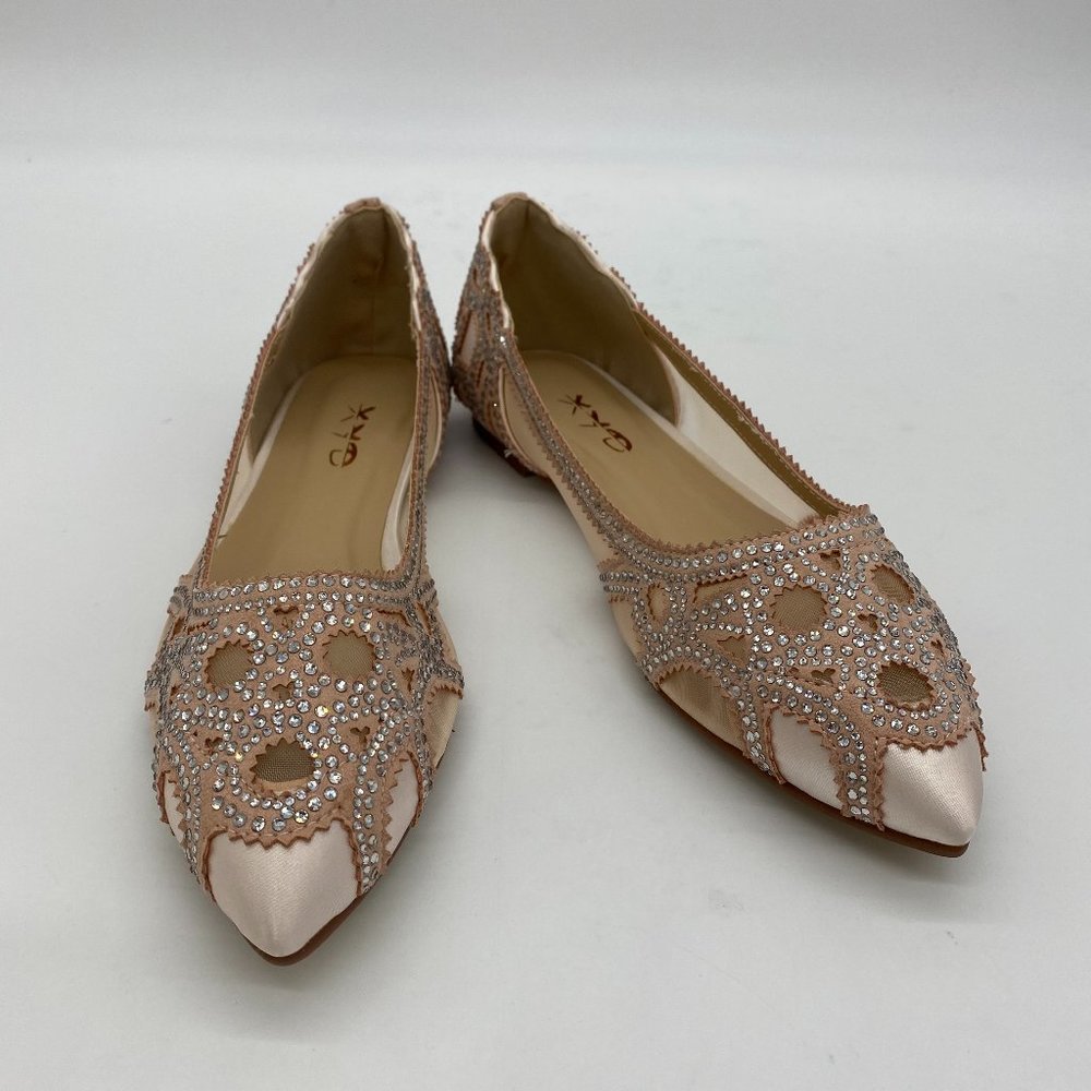 XYD Nude Pink Pointed Toe Rhinestone Mesh Flat - Picture 2 of 11